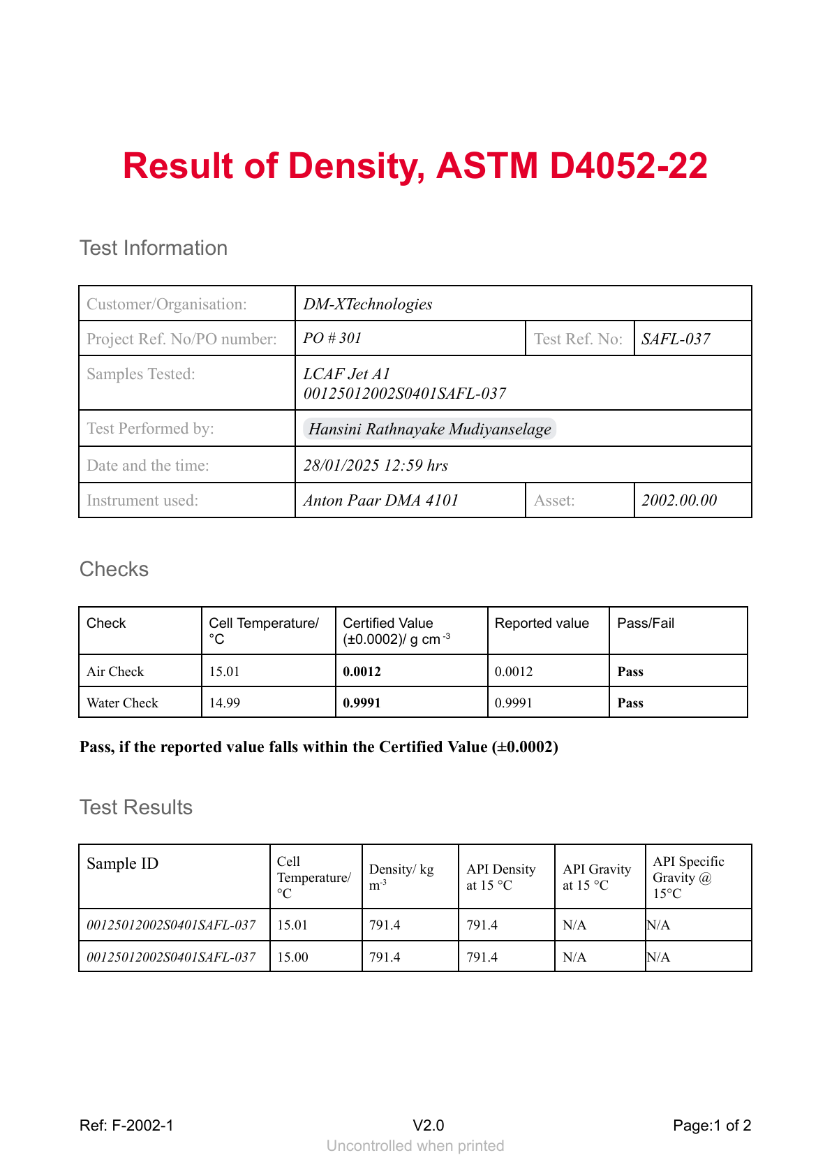 Density report page image showing density at 15°C