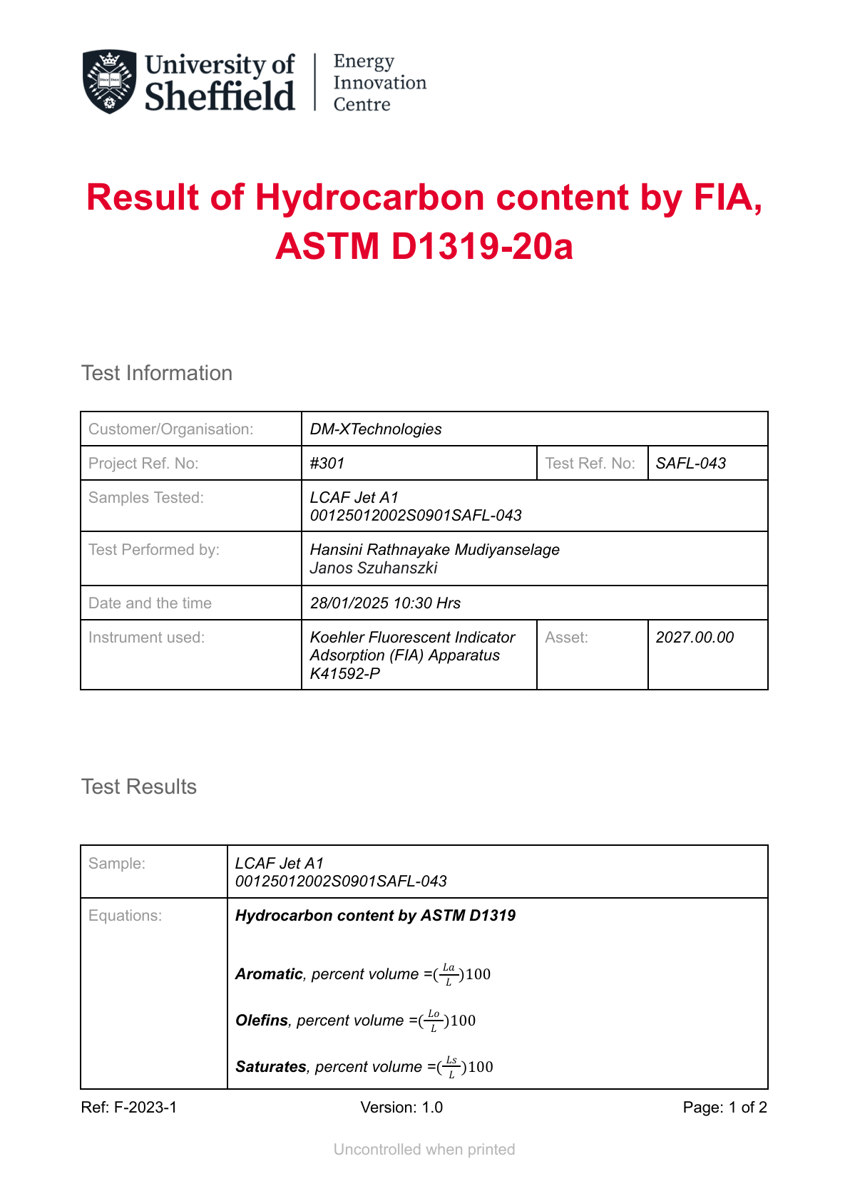 FIA report page image (ASTM D1319) showing aromatics, olefins and saturates